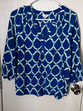 Crown & Ivy Blue White Green Geometric Print Blouse Size PL